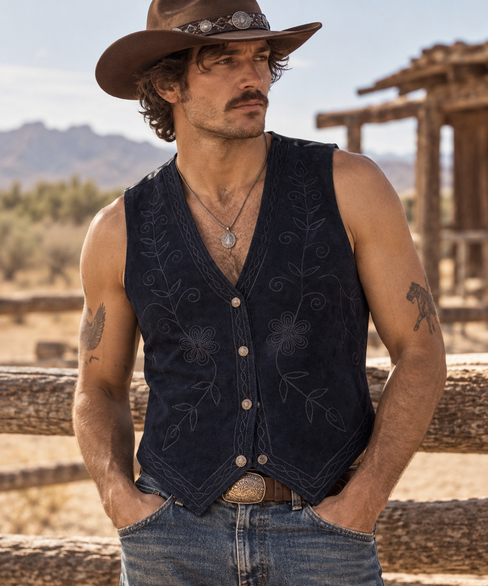 Mens Vintage 70s Agapo Suede Leather Blue Embroidered Vest Western Medium